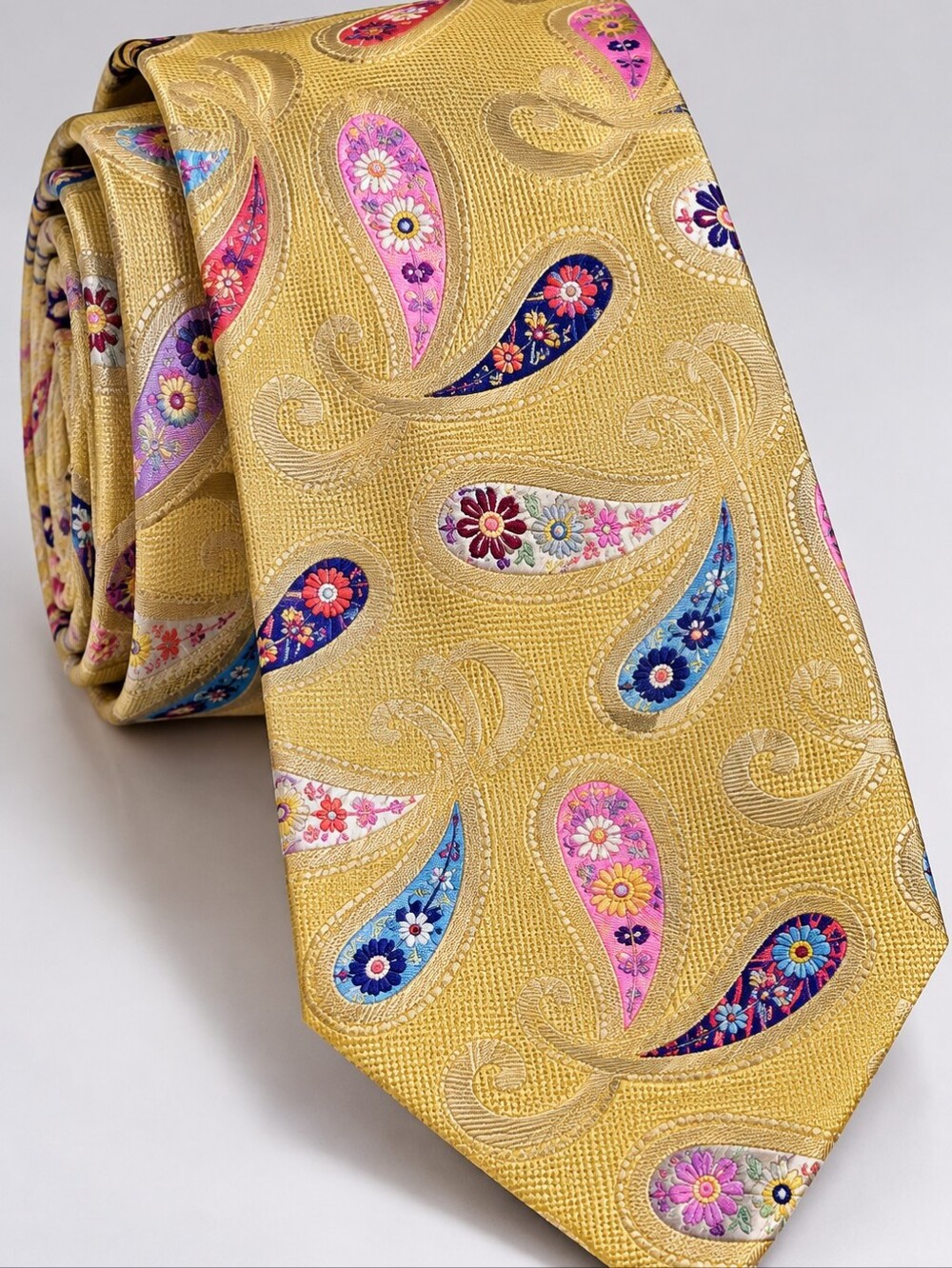 Duchamp London Men’s Silk Tie Gold Paisley Floral Handmade England 58” x 3.5”